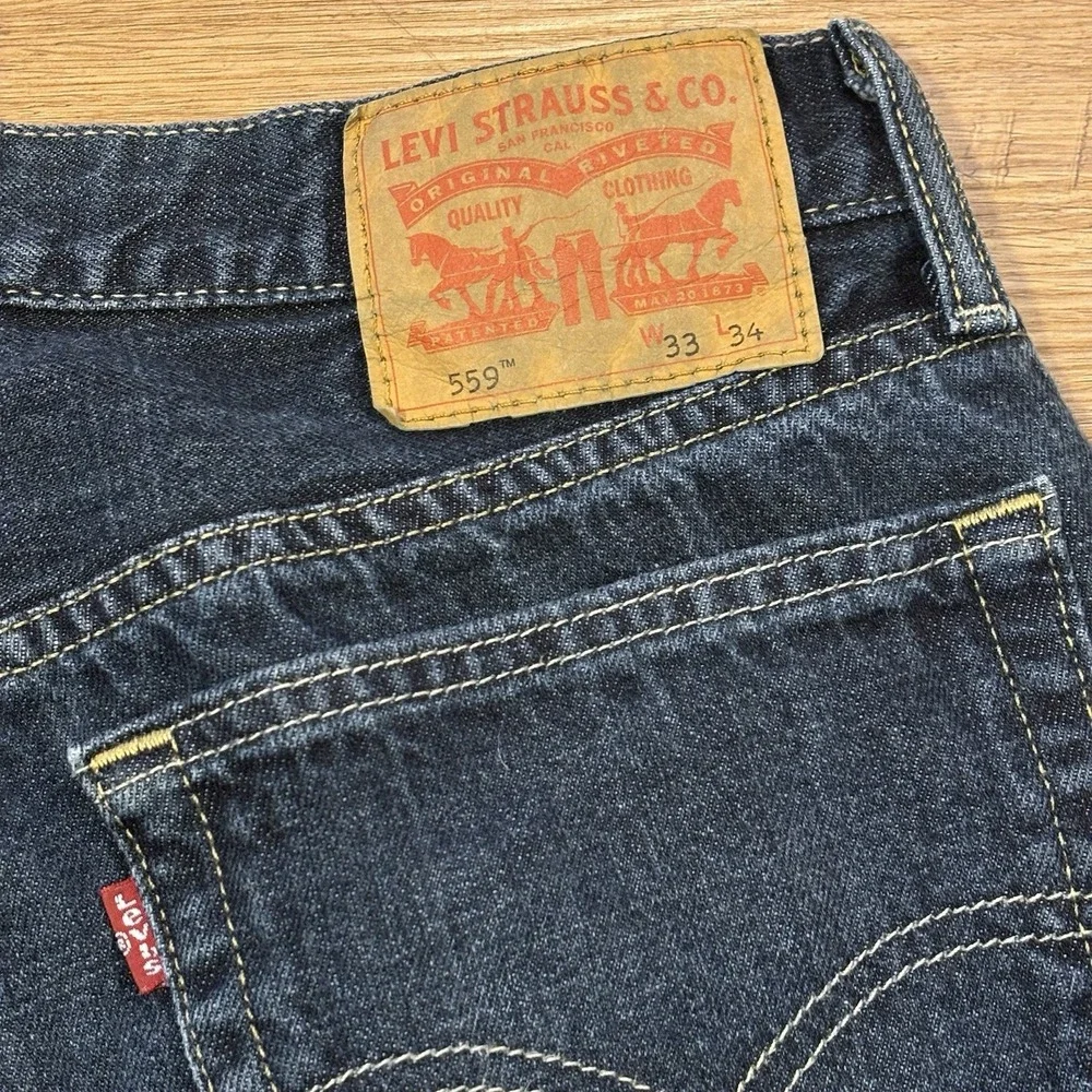Levis 559 Mens 33x34 Relaxed Straight Leg Jeans Dark‎ Wash Blue Cotton Denim